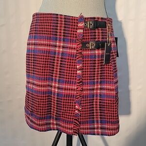 Forever 21 Woman's Plaid Red, Black & Blue Double Buckle Mini Skirt, Size: L NWT